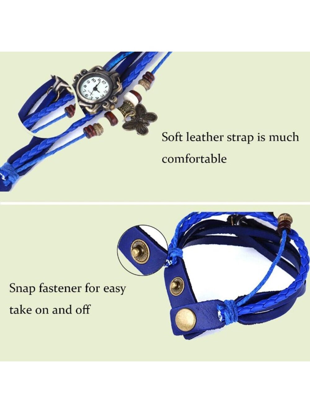 Women's Blue Analog Butterfly Bracelet Weave Wrap Around Leather Wrist Watch - Picture 2 of 6
